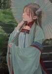  1girl chinese_clothes closed_mouth fkey grey_hair hair_ornament hanfu head_tilt highres holding holding_umbrella long_hair long_sleeves oil-paper_umbrella original outdoors pink_eyes sleeves_past_wrists solo stairs umbrella upper_body white_umbrella 