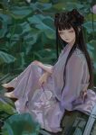  1girl barefoot blush brown_hair chinese_clothes closed_mouth double_bun fkey folding_fan from_side hand_fan highres holding holding_fan long_hair looking_at_viewer looking_to_the_side original outdoors purple_eyes sitting smile solo 