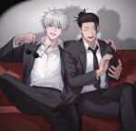  2boys ^_^ arm_around_shoulder bangs black_footwear black_hair black_jacket black_necktie black_pants black_suit blue_eyes clapping closed_eyes collarbone collared_shirt couch cowboy_shot dress_shirt ear_piercing formal getou_suguru gojou_satoru grin hair_between_eyes hair_bun hair_pulled_back highres holding holding_eyewear jacket jujutsu_kaisen long_sleeves looking_at_viewer male_focus multiple_boys necktie nino_(nino84391425) open_mouth pants piercing round_eyewear shirt shoes short_hair sitting smile sunglasses white_hair white_shirt 