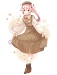  1girl alternate_costume beret brown_dress brown_footwear brown_headwear buttons closed_mouth collared_shirt commentary_request dress eyebrows_visible_through_hair full_body hair_between_eyes harusame_(kancolle) hat kantai_collection long_hair long_sleeves pink_eyes pink_hair shakemi_(sake_mgmgmg) shirt shoes side_ponytail sleeveless sleeveless_dress smile solo white_background white_shirt 