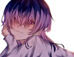  1boy bangs closed_mouth ear_piercing hair_between_eyes haitani_rindou head_rest kyou_(123) long_hair long_sleeves looking_at_viewer male_focus piercing pink_eyes purple_hair purple_shirt shirt simple_background sleeves_past_wrists smile solo tokyo_revengers upper_body white_background 