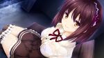  1girl bangs bench black_legwear brown_hair brown_skirt closed_mouth collared_shirt dress_shirt eyebrows_visible_through_hair from_above game_cg hair_between_eyes hair_ribbon highres konoe_rikka long_hair miniskirt naruse_hirofumi neck_ribbon official_art ojou-sama_wa_sunao_ni_narenai rain red_ribbon ribbon shiny shiny_hair shiny_skin shirt sitting skirt smile solo thighhighs underbust wet wet_clothes wet_hair wet_shirt white_shirt wing_collar yellow_eyes zettai_ryouiki 