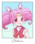  1girl :d bishoujo_senshi_sailor_moon bow bowtie character_name chibi_usa choker circlet collared_shirt earrings framed hair_intakes heart heart_choker jewelry long_hair looking_at_viewer magical_girl open_mouth pink_choker pink_hair pink_sailor_collar red_bow red_bowtie red_eyes sailor_chibi_moon sailor_collar sailor_senshi_uniform sailor_shirt shiny shiny_hair shirt smile solo tabby_chan twintails upper_body white_shirt 