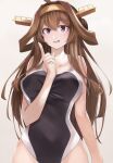  1girl absurdres ahoge bare_arms bare_shoulders beisaku_bei black_swimsuit blush breasts brown_hair collarbone competition_swimsuit double_bun eyebrows_visible_through_hair hair_between_eyes hairband headgear highres kantai_collection kongou_(kancolle) large_breasts long_hair one-piece_swimsuit purple_eyes remodel_(kantai_collection) solo swimsuit upper_body 