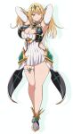 1girl alternate_breast_size bangs bare_legs bare_shoulders blonde_hair breasts chest_jewel cleavage cleavage_cutout clothing_cutout dress earrings elbow_gloves gloves highres jewelry kurokaze_no_sora large_breasts long_hair mythra_(xenoblade) short_dress solo swept_bangs thigh_strap tiara very_long_hair white_dress white_footwear white_gloves xenoblade_chronicles_(series) xenoblade_chronicles_2 yellow_eyes 