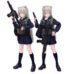  1girl animal_ears ar-15 assault_rifle blue_legwear blue_sailor_collar blue_shirt blue_skirt brown_footwear cat_ears closed_mouth fkey grey_hair gun hand_up handgun holding holding_gun holding_weapon loafers long_hair long_sleeves looking_at_viewer miniskirt multiple_views neckerchief original pink_eyes pistol red_neckerchief rifle sailor_collar school_uniform serafuku shirt shoes simple_background skirt socks tactical_clothes weapon weapon_request white_background 