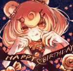  1girl 3_(sanyako1) :p animal_ears arknights bangs bear_ears bear_girl black_background blonde_hair brown_eyes candy candy_hair_ornament candy_wrapper commentary_request food food-themed_hair_ornament gummy_(arknights) hair_ornament happy_birthday highres looking_at_viewer nail_polish orange_nails sailor_collar shirt short_hair smile solo tongue tongue_out twintails upper_body white_sailor_collar 