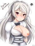  1girl absurdres breasts brown_eyes cleavage cleavage_cutout clothing_cutout conte_di_cavour_(kancolle) dress highres juliet_sleeves kantai_collection large_breasts long_hair long_sleeves nipples one_breast_out puffy_sleeves r31harutan silver_hair solo two_side_up upper_body white_dress 