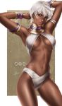  1girl armlet armpits arms_up artist_name bangs bare_shoulders bikini blue_eyes border bracelet breasts commentary dark-skinned_female dark_skin earrings elena_(street_fighter) english_commentary facebook_logo facebook_username highres hoop_earrings instagram_logo instagram_username jewelry light_smile lips lixin_wang logo looking_at_viewer medium_breasts navel neck_ring outside_border parted_lips short_hair signature simple_background smile solo standing stomach street_fighter street_fighter_iii_(series) swimsuit thighs twitter_logo twitter_username very_dark_skin watermark white_border white_hair 