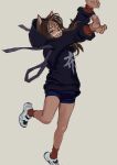  1girl :d animal_ears animal_hands black_hoodie blue_shorts brown_fur brown_hair cat_ears claws dark_skin fangs fkey furry furry_female grey_background hands_up hood hood_up hoodie long_hair long_sleeves open_mouth original red_legwear shoes short_shorts shorts simple_background smile socks solo whiskers white_footwear 