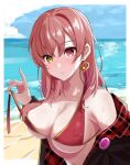  1girl absurdres badge beach bikini breasts button_badge chestnut_mouth cleavage closed_mouth collarbone earrings fuchi_(fuchi_1106) heart heart_earrings heterochromia highres hololive houshou_marine jacket jewelry looking_at_viewer medium_breasts navel ocean off_shoulder official_alternate_costume red_eyes red_hair sand solo straight_hair swimsuit untied untied_bikini untying upper_body virtual_youtuber water wet wet_clothes wet_swimsuit yellow_eyes 