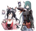  4girls :d animal_ear_fluff animal_ears antlers arknights bangs bare_shoulders bell belt black_gloves black_hair black_shirt blue_hair blush breasts cat_ears ceylon_(arknights) ch&#039;en_(arknights) chibi chibi_inset cleavage commentary cropped_torso ear_piercing eyebrows_visible_through_hair fingerless_gloves gloves green_hair hair_between_eyes highres horns hoshiguma_(arknights) hoshiguma_(patrolling_ronin)_(arknights) itsumi_(itumiyuo) jacket large_breasts long_sleeves looking_at_viewer mask multiple_girls off_shoulder official_alternate_costume oni_horns oni_mask open_clothes open_jacket open_mouth parted_bangs piercing pink_hair pink_jacket ponytail red_eyes scarf schwarz_(arknights) schwarz_(presents)_(arknights) shirt simple_background single_horn skin-covered_horns sleeves_past_wrists smile underbust upper_body white_background white_headwear white_scarf yellow_eyes 