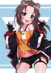  1girl :d absurdres animal_ears bangs bear_ears black_gloves black_shorts blue_background blue_jacket blush brown_hair claw_pose cowboy_shot dog_tags extra_ears forehead gloves green_eyes highres hololive jacket long_hair long_sleeves looking_at_viewer natsuiro_matsuri navel off-shoulder_shirt off_shoulder ontake2009 open_clothes open_jacket open_mouth orange_shirt parted_bangs partially_fingerless_gloves shirt short_shorts shorts smile solo teeth thigh_strap upper_teeth v-shaped_eyebrows virtual_youtuber 