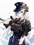  1girl absurdres arknights arm_up bangs belt dragon_girl dragon_horns eyebrows_behind_hair eyebrows_visible_through_hair grey_hair hair_between_eyes hat highres horns long_hair looking_at_viewer military military_hat military_uniform official_alternate_costume police police_hat police_uniform qianzhu saria_(arknights) saria_(the_law)_(arknights) silver_hair simple_background solo uniform upper_body white_background yellow_eyes 