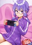  1girl alternate_costume bag_of_chips bangs bespectacled chips collarbone commentary food food_in_mouth glasses hair_between_eyes handheld_game_console highres holding holding_handheld_game_console jacket jersey long_sleeves looking_at_viewer mouth_hold nintendo_switch purple_eyes purple_hair purple_jacket red-framed_eyewear semi-rimless_eyewear short_hair_with_long_locks solo tenneko_yuuri track_jacket vocaloid voiceroid yuzuki_yukari 