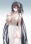  1girl :o absurdres ahoge armlet azur_lane bangs barefoot black_hair breasts cleavage collared_shirt commentary_request cowboy_shot dress earrings eyebrows_visible_through_hair garter_straps gradient gradient_background grey_background hair_between_eyes hand_on_own_chest highres jewelry large_breasts long_hair looking_at_viewer necklace official_alternate_costume one_side_up parted_lips pelvic_curtain red_eyes shirt single_earring sleeveless sleeveless_dress solo straight_hair taihou_(azur_lane) taihou_(temptation_on_the_sea_breeze)_(azur_lane) thighhighs tnr_(horiko1525) very_long_hair white_dress white_legwear 