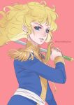  1girl blonde_hair blue_eyes blue_jacket epaulettes floating_hair holding holding_sword holding_weapon jacket long_hair long_sleeves oscar_francois_de_jarjayes parted_lips red_background shiny shiny_hair simple_background solo straight_hair sword tabby_chan twitter_username versailles_no_bara weapon 