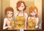  3girls apron arms_behind_back artist_name bangs blunt_bangs blush breasts brown_hair cafe closed_mouth collarbone commentary counter covered_nipples english_commentary english_text eyebrows_visible_through_hair hair_between_eyes highres holding holding_pen iced_latte_with_breast_milk_(meme) lactation lactation_through_clothes large_breasts long_hair looking_at_viewer love_live! love_live!_superstar!! mature_female medium_breasts meme mother_and_daughter multiple_girls naked_apron nervous_smile open_mouth orange_hair pen pitcher pout print_apron purple_eyes shibuya_aria shibuya_kanon shibuya_kanon&#039;s_mother short_hair shy siblings sign signature sisters small_breasts smile steam straight_hair sweatdrop swept_bangs unsfrau upper_body wavy_hair yellow_apron 
