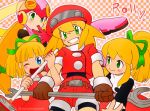  4girls ;d belt bike_shorts blonde_hair blue_eyes broom brown_gloves cabbie_hat character_name closed_mouth cropped_jacket dress dual_persona gloves green_eyes green_ribbon grin hair_ribbon hat heart helmet holding holding_broom jacket long_hair looking_at_another looking_at_viewer mega_man_(classic) mega_man_(series) mega_man_battle_network mega_man_legends multiple_girls one_eye_closed open_mouth pink_headwear ponytail red_dress red_headwear red_jacket red_shorts ribbon roll.exe_(mega_man) roll_(mega_man) roll_caskett_(mega_man) sayoyonsayoyo short_sleeves shorts smile twitter_username 