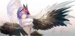  1girl :/ artist_name bangs bird_mask bird_wings breasts earrings english_text feathered_wings genshin_impact highres horo_zhuzhu jewelry kujou_sara large_breasts long_sleeves looking_at_viewer mask mask_on_head purple_hair shirt short_hair solo tengu underboob upper_body v-shaped_eyebrows white_shirt wings yellow_eyes 