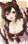  1girl animal_ear_fluff animal_ears arms_up bangs blush breasts brooch brown_eyes brown_hair cleavage collarbone commentary_request dress eyebrows_visible_through_hair fang fingernails hair_between_eyes imaizumi_kagerou jewelry large_breasts long_fingernails long_hair long_sleeves looking_at_viewer off-shoulder_dress off_shoulder open_mouth slit_pupils solo sweatdrop touhou tyouseki white_dress wide_sleeves wolf_ears 