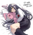  1girl black_hair black_legwear black_skirt blouse breasts commentary_request feet_out_of_frame from_side gt-girl heart highres kneehighs kobayashi_miyu large_breasts long_hair long_sleeves looking_at_viewer lying no_shoes on_side pillow pleated_skirt skirt solo stuffed_animal stuffed_bunny stuffed_toy tsukimi_okayu white_blouse yellow_eyes 