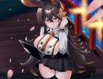  1girl adjusting_hair animal_ears azur_lane blurry blurry_background blush breasts brown_hair chikuma_(azur_lane) commentary_request hair_ornament highres large_breasts long_hair looking_at_viewer mole mole_under_mouth petals rabbit_ears sideboob smile solo tonchinkan yellow_eyes 