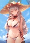  1girl algerie_(azur_lane) algerie_(white_sand_paradise)_(azur_lane) azur_lane blue_sky breasts cleavage closed_mouth drill_locks eyebrows_visible_through_hair feet_out_of_frame from_behind grey_hair hand_in_hair hand_on_back hat highres large_breasts long_hair looking_at_viewer mole mole_under_eye navel official_alternate_costume purple_eyes sea_nami sky smile solo standing sun_hat swimsuit white_swimsuit 