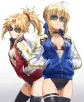  2girls ahoge alternate_costume artoria_pendragon_(fate) bangs bikini black_bikini blonde_hair blue_ribbon braid breasts choker fate/apocrypha fate/stay_night fate_(series) french_braid green_eyes grin hair_bun hair_ornament hair_ribbon hair_scrunchie hands_in_pockets highres jacket letterman_jacket long_hair looking_at_viewer mordred_(fate) mordred_(fate/apocrypha) multiple_girls parted_bangs ponytail ribbon saber scrunchie sidelocks small_breasts smile sunglasses swimsuit thighhighs thighs tonee white_background 