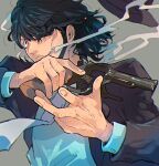  1boy arm_hair beard black_hair black_jacket blood blue_necktie blue_shirt cigarette facial_hair gun hair_over_one_eye headwear_request highres holding holding_gun holding_weapon jacket jigen_daisuke lupin_iii male_focus necktie nnasuke333 shirt solo weapon 