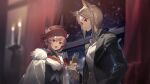  2girls :d animal_ear_fluff animal_ears arknights artist_request black_jacket blue_eyes blurry bow bowtie cat_ears cloak collared_shirt cup curtains depth_of_field dress_shirt drinking_glass formal fur-trimmed_cloak fur_trim game_cg green_eyes green_hair hair_between_eyes hand_in_pocket hat heidi_(arknights) holding holding_cup indoors jacket kal&#039;tsit_(arknights) multiple_girls official_alternate_costume open_clothes open_jacket open_mouth pink_hair red_headwear shirt short_hair smile snow triangle_mouth upper_body white_bow white_bowtie white_cloak white_shirt window wine_glass 