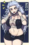  1girl :d abs bandages blue_background border breasts center_opening character_name cleavage cleavage_cutout clothing_cutout cowboy_shot cross denim denim_shorts dorohedoro dotted_background earrings grey_hair hands_up highres inverted_cross jewelry large_breasts long_hair masgamjya midriff muscular muscular_female navel noi_(dorohedoro) open_mouth red_eyes short_shorts shorts smile solo standing stomach tall tall_female teeth thick_thighs thighs upper_teeth white_border 