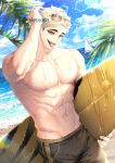  1boy :p abs arm_up bangs beach bird blonde_hair blue_sky boat brown_eyes cloud commentary day eyebrows eyewear_on_head haikyuu!! hand_in_hair hemoon holding holding_surfboard looking_at_viewer male_focus male_swimwear male_underwear miya_atsumu multicolored_hair navel ocean outdoors palm_tree pectorals sailboat sand seagull short_hair sky solo summer sunglasses surf surfboard swim_trunks symbol-only_commentary toned toned_male tongue tongue_out topless_male tree twitter_username two-tone_hair underwear water watercraft wet 
