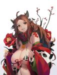  1girl :d ahoge animal_ears bell bell_earrings branch breasts brown_eyes brown_hair cleavage cow_ears cow_horns cowbell earrings flower grin horns huge_breasts japanese_clothes jewelry jingle_bell kimono looking_at_viewer navel open_mouth original red_flower red_kimono red_ribbon ribbon simple_background smile solo undressing unfinished upper_body white_background wonchun 