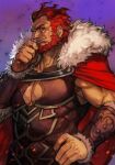  1boy armor beard brown_armor cape closed_mouth clothing_cutout dark-skinned_male dark_skin facial_hair fate/zero fate_(series) fingernails fur-trimmed_cape fur_trim hand_on_hip hand_on_own_chin hungry_clicker iskandar_(fate) looking_at_viewer male_focus muscular muscular_male pectoral_cleavage pectorals red_cape red_eyes red_hair short_hair sleeveless smile solo very_short_hair 