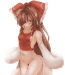  1girl animal_ears bare_shoulders blush body_fur bottomless bow breasts brown_eyes brown_hair commentary_request dog_ears dog_tail furrification furry furry_female hair_bow hair_over_one_eye hair_tubes hakurei_reimu hawthorn highres japanese_clothes long_hair looking_at_viewer miko navel no_bra no_panties shiny shiny_hair simple_background small_breasts solo tail touhou white_background 