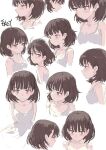  1girl bare_shoulders blush bob_cut breasts brown_hair cleavage closed_mouth dress earrings fkey grey_dress grey_eyes highres jewelry looking_at_viewer medium_hair multiple_views original signature simple_background small_breasts smile white_background 