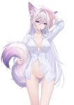  1girl absurdres animal_ear_fluff animal_ears breasts extra_ears highres kirby_d_a large_breasts long_hair long_sleeves looking_at_viewer naked_shirt original purple_eyes pussy revision shirt simple_background slit_pupils solo standing tail white_background white_hair white_shirt 