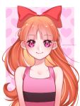  1girl bangs blossom_(ppg) blunt_bangs border bow brown_hair closed_mouth collarbone eyebrows_visible_through_hair floating_hair hair_bow heart heart_background long_hair looking_at_viewer pink_background pink_shirt powerpuff_girls red_bow red_eyes shiny shiny_hair shirt sleeveless sleeveless_shirt smile solo tabby_chan upper_body very_long_hair white_border 