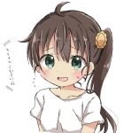 1girl ahoge bangs blush breasts brown_hair collarbone eyebrows_visible_through_hair flower flying_sweatdrops green_eyes hair_between_eyes hair_flower hair_ornament highres long_hair looking_at_viewer niizato_aoi non_non_biyori open_mouth shika_(s1ka) shirt short_sleeves side_ponytail sidelocks simple_background small_breasts smile solo sunflower sunflower_hair_ornament sweat translated upper_body white_background white_shirt yellow_flower 