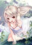  1girl :d arm_support bangs bare_arms blonde_hair blurry brown_eyes collarbone commentary_request day dress eyelashes fate/kaleid_liner_prisma_illya fate_(series) floating_hair hand_up highres illyasviel_von_einzbern leaf long_hair looking_at_viewer open_mouth outdoors revision shiny shiny_hair smile solo teeth tongue upper_teeth water water_drop wet wet_clothes wet_dress white_dress yan_(nicknikg) 