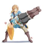  1boy 1girl :i anger_vein annoyed automatic_giraffe beige_pants black_pants blonde_hair blue_eyes blue_shirt boots brown_footwear closed_eyes frown full_body hair_behind_ear holding_person link pants pointy_ears pout princess_zelda shadow shirt sunrise_stance the_legend_of_zelda the_legend_of_zelda:_breath_of_the_wild thick_thighs thighs v-shaped_eyebrows white_background 