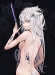  1girl animal_ears appl3 arknights black_background black_nails blue_eyes breasts facing_away floral_background grey_hair hair_ornament hairclip highres holding holding_sword holding_weapon lappland_(arknights) long_hair looking_at_viewer looking_back medium_breasts messy_hair nude oripathy_lesion_(arknights) rose_background scar scar_across_eye sideboob sideways_mouth simple_background solo sword tail weapon wolf_ears wolf_girl wolf_tail 