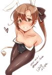  1girl akigumo_(kancolle) animal_ears bangs black_legwear black_leotard blush breasts breasts_outside brown_hair brown_ribbon commentary_request dated eyebrows_visible_through_hair fake_animal_ears green_eyes hair_between_eyes hair_ribbon hazuki_futahi heart highres kantai_collection leotard long_hair nipples pantyhose playboy_bunny ponytail rabbit_ears ribbon simple_background small_breasts smile solo twitter_username white_background 