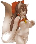 1girl animal_ears blush bow breasts brown_eyes brown_hair dog_ears dog_tail furrification furry furry_female hair_bow hair_tubes hakurei_reimu hawthorn highres japanese_clothes long_hair miko navel nipples no_bra open_mouth panties shiny shiny_hair simple_background small_breasts solo standing tail touhou underwear white_background white_panties 