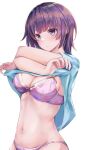  1girl absurdres bakemonogatari belly blue_shirt blush bra breasts embarrassed highres large_breasts lingerie looking_at_viewer monogatari_(series) panties purple_bra purple_eyes purple_hair purple_panties senjougahara_hitagi shirt solo underwear undressing yuunamida_uyu 