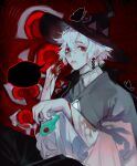  1boy absurdres black_nails blood earrings ghost grey_hair hair_between_eyes hat highres jewelry looking_at_viewer male_focus mischief_witch qieqion red_eyes short_hair sky:_children_of_the_light solo speech_bubble white_hair witch_hat 