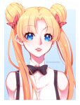  1girl bangs bishoujo_senshi_sailor_moon black_bow black_bowtie blonde_hair blue_eyes border bow bowtie collared_shirt double_bun dress_shirt eyebrows_visible_through_hair hair_bow hair_intakes long_hair looking_at_viewer parted_lips red_bow shiny shiny_hair shirt sleeveless sleeveless_shirt solo striped striped_bow suspenders tabby_chan tsukino_usagi twintails upper_body white_border white_shirt wing_collar 