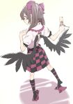  1girl absurdres back_cutout bird_wings black_wings brown_eyes brown_hair camera cellphone checkered checkered_skirt clothing_cutout commentary_request from_behind full_body geta hair_ribbon hat highres himekaidou_hatate kawayabug long_hair looking_at_viewer looking_back necktie open_mouth partial_commentary phone pink_shirt pointy_ears pom_pom_(clothes) puffy_short_sleeves puffy_sleeves purple_footwear purple_ribbon ribbon shadow shirt short_sleeves sidelocks simple_background skirt solo standing tengu-geta tokin_hat touhou twintails two_side_up white_background wings 