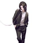  1boy absurdres belt black_jacket borrowed_character corded_phone dino_(dinoartforame) eyepatch glowing glowing_eye hands_in_pockets highres hyde_(hyde_(tabakko)) jacket looking_at_viewer male_focus one_eye_covered original pants phone pointy_ears red_eyes shirt solo white_belt white_pants white_shirt 
